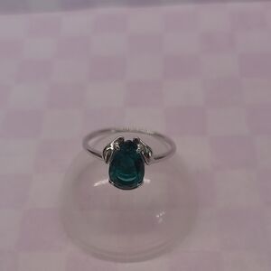 Sterling Silver "Dog Mom" Teardrop Blue-Green Crystal Ring - Size 8